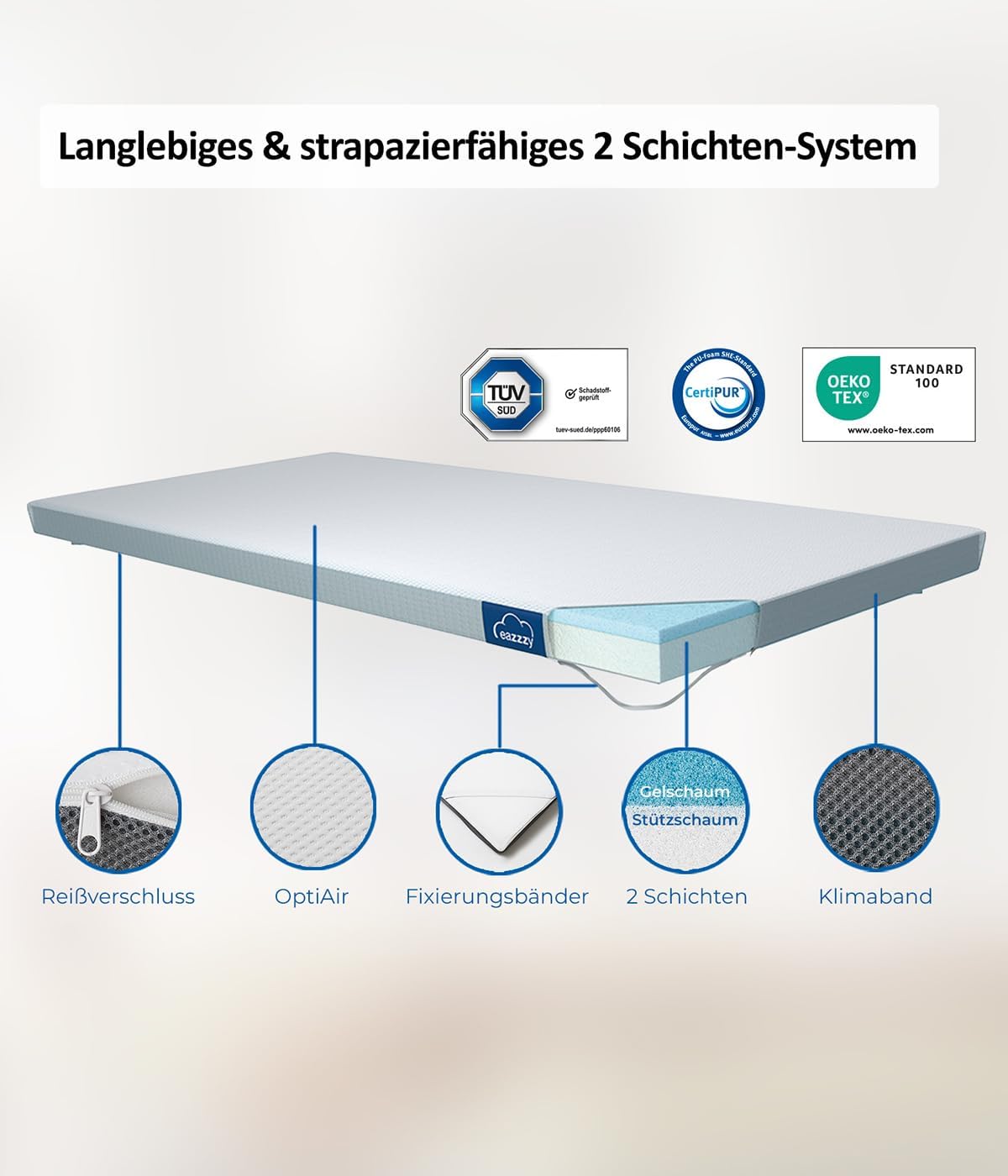 eazzzy Topper Trend, 5 cm Höhe, Matratzentopper, atimungsaktiv, Memory Schaum, Allergiker geeignet, Matratzenauflage mit abnehmbarem Bezug 180 x 200 x 5 cm, Weiß — Ansicht 3