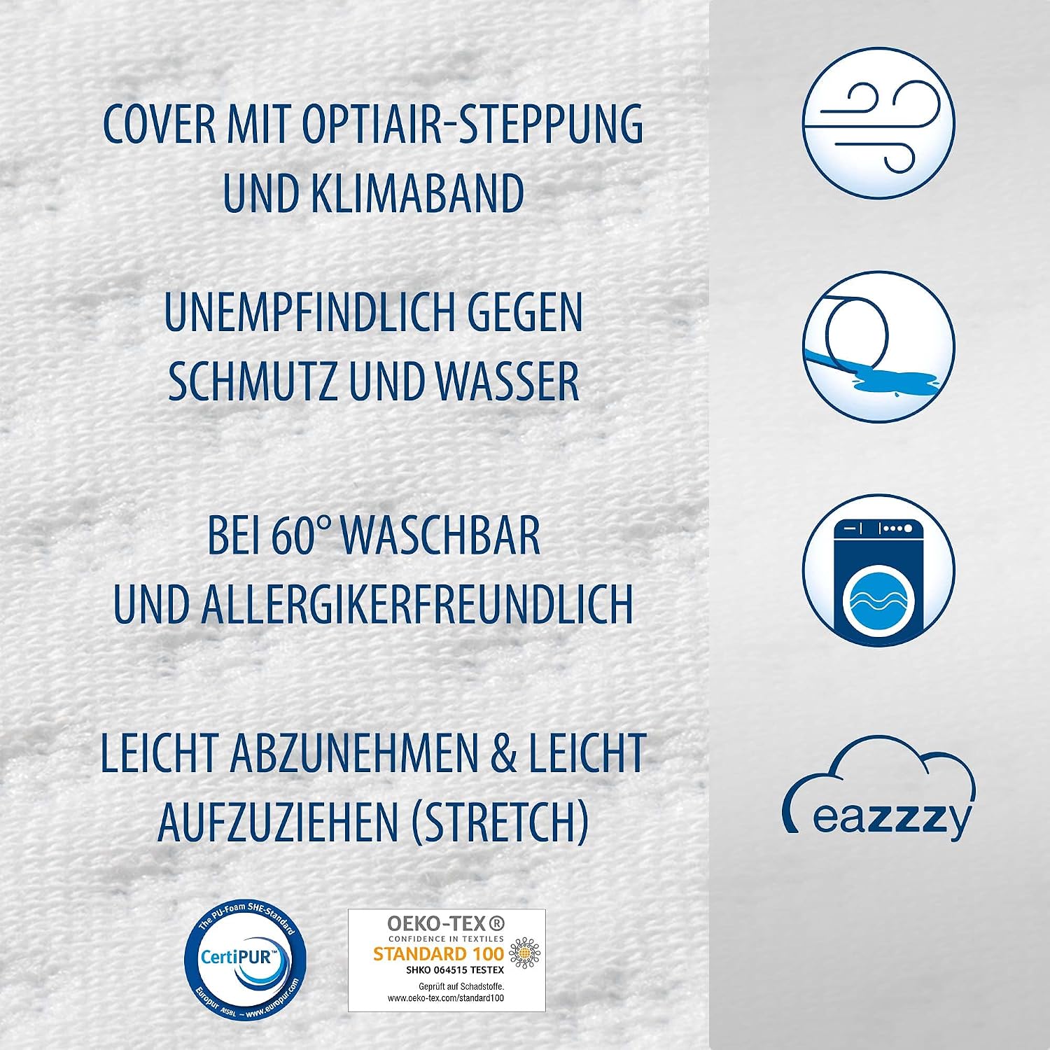 Genius Eazzzy Topper Classic 100x200cm Höhe 7 cm H2 H3 - orthopädische Matratzentopper für Matratze & Boxspringbett aus Gelschaum | Matratzenauflage 100x200 für Allergiker + Bezug — Ansicht 6