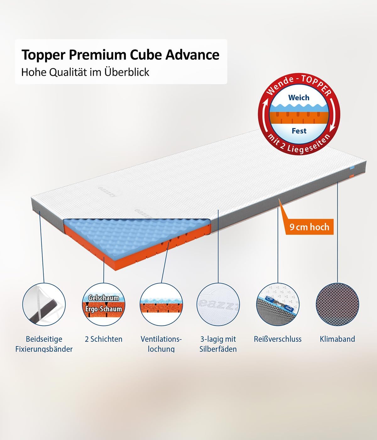 Genius eazzzy Topper Premium Cube Advance 9 cm Höhe, Matratzentopper, 2 in 1 Wende Topper mit Cooling Funktion, Memory Schaum, atimungsaktive Cover mit antibakterieller Wirkung Größe 140 x 200 x 9 cm — Ansicht 3