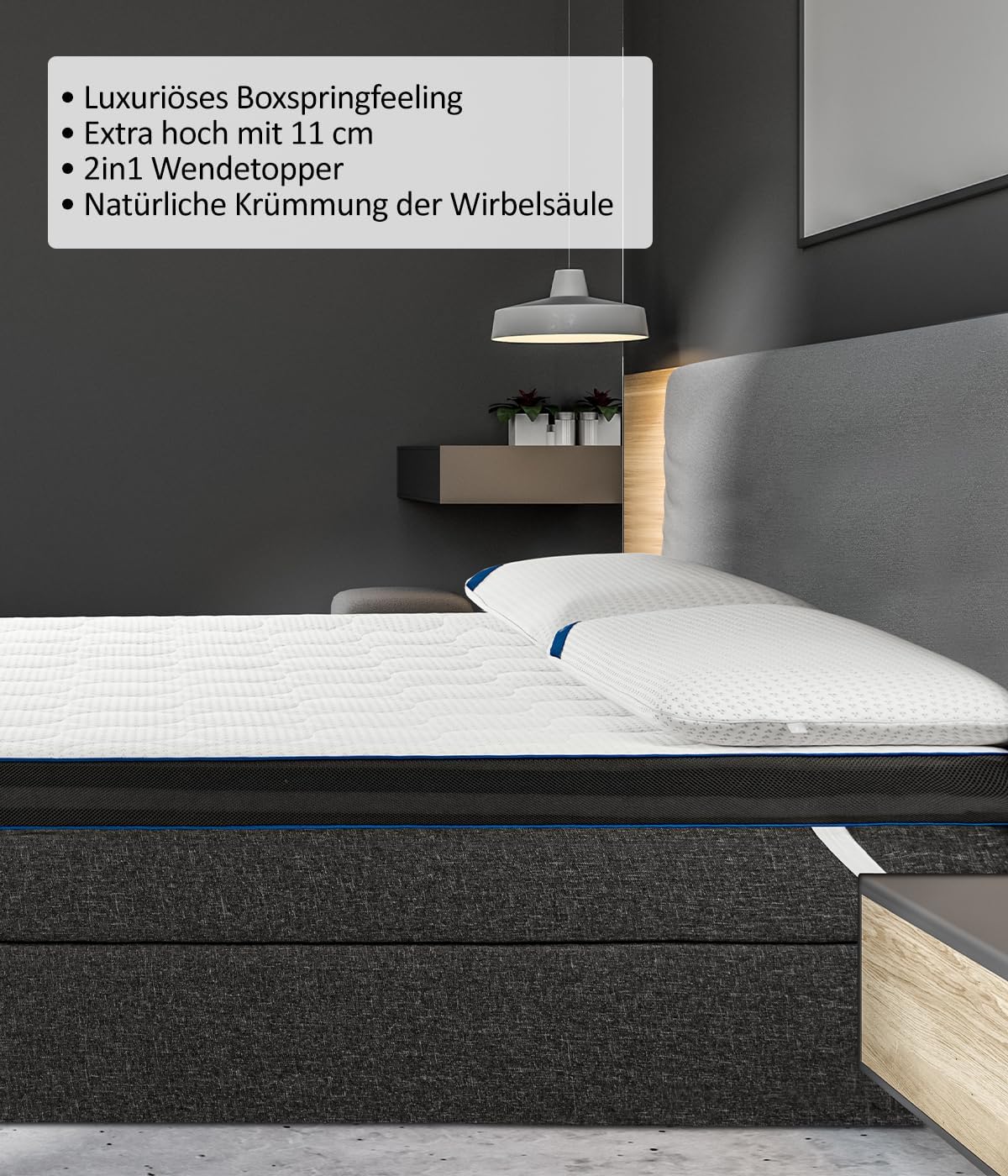 Genius eazzzy Topper Royal Hybrid Größe 80 x 200 x 11 cm Höhe 11 cm, Matratzentopper mit Gel-Memory-Schaum, Federkern-Topper Temperaturregulierend, Antibakterielle Silbercover, Hart-Weich-2 Seite, — Ansicht 2
