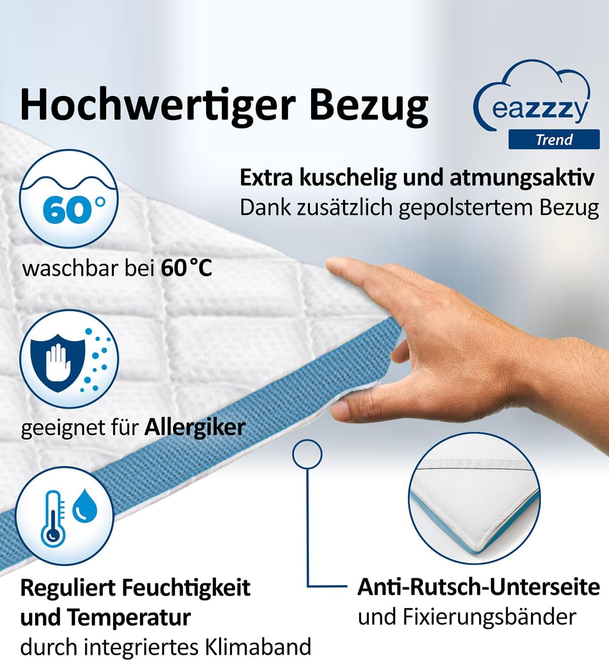 Genius Eazzzy Topper Trend Cloud 90x200, 6cm hoch, Öko-TEX Zertifiziert, Orthopädischer Matratzentopper Memory Gelschaum für Matratze & Boxspringbett, atmungsaktive & waschbare Matratzenauflage — Ansicht 5