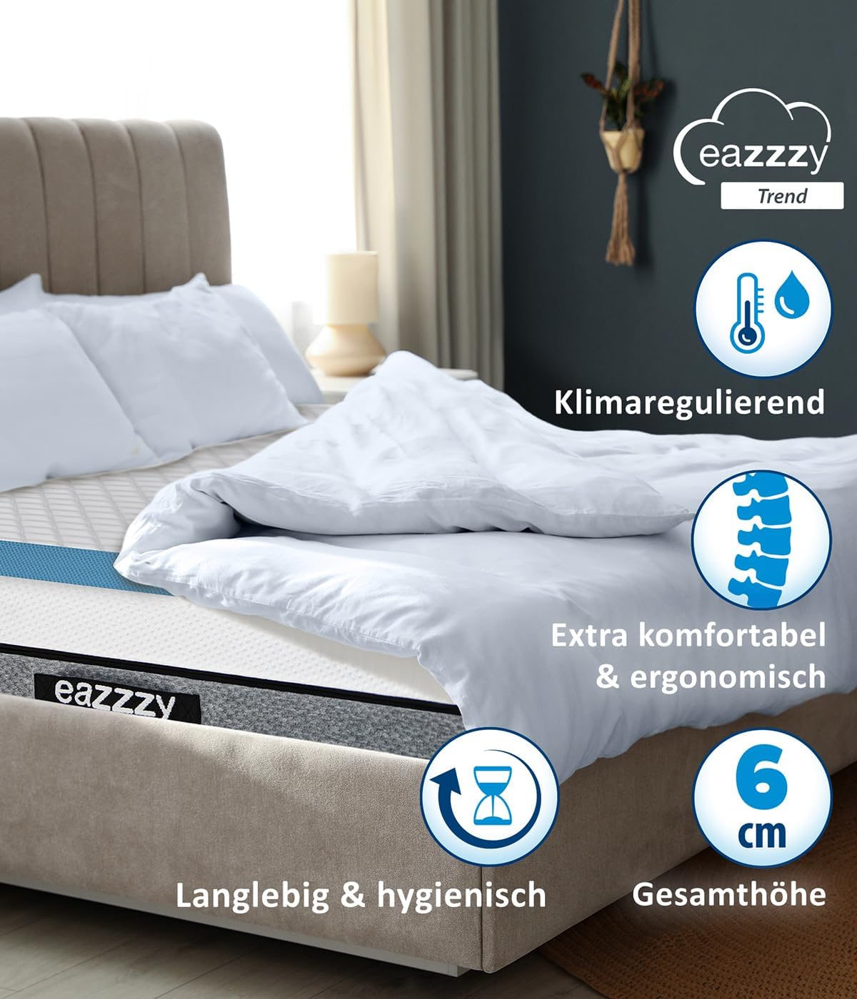 Genius Eazzzy Topper Trend Cloud 90x200, 6cm hoch, Öko-TEX Zertifiziert, Orthopädischer Matratzentopper Memory Gelschaum für Matratze & Boxspringbett, atmungsaktive & waschbare Matratzenauflage — Ansicht 6